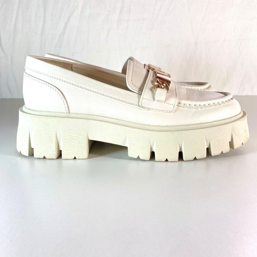 Y2k Guess Chunky Platform Loafer White Gold Buckle GBG Logo Heel Shoe Womens 8